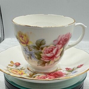 Duchess Bone China Multicolor Roses Floral Teacup & Saucer Set Gold Trim England